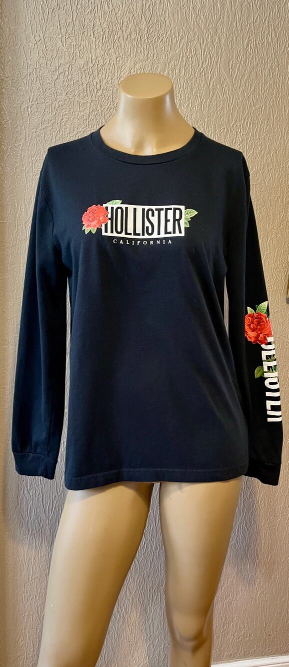 Hollister California Long Sleeve Black T-Shirt XS Whimsical Flower Roses Y2K